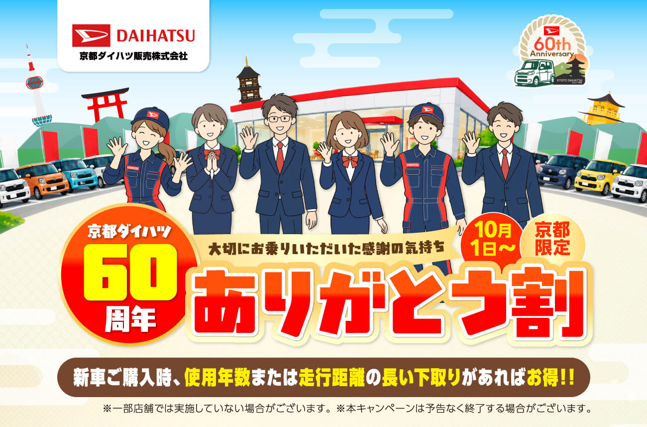 京都ダイハツ60周年　ありがとう割 新車ご購入時、使用年数または走行距離の長い下取りがあればお得!!